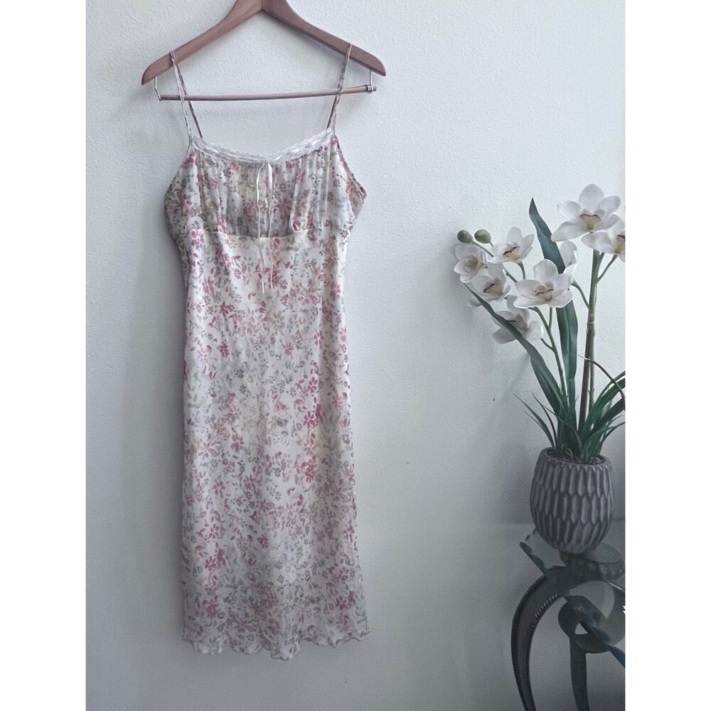 Vintage Y2K Rave Floral Empire Waist Midi Dress Lace Trim Cottagecore Size M-L